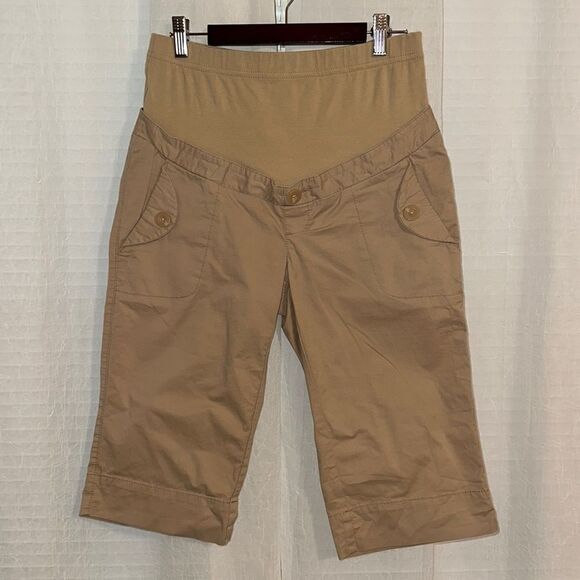 ON XS Full Panel Waist Tan Cotton Maternity Stretch Bermuda Shorts - Picture 1 of 12